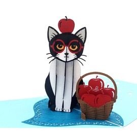 iGifts And Cards Tuxedo Cat 3D Pop-Up Card – Apple Basket & Red Glasses – 6" x 6" Whimsical Surprise for Cat Lovers, Teachers, Graduations, Birthdays & Thank You Moments