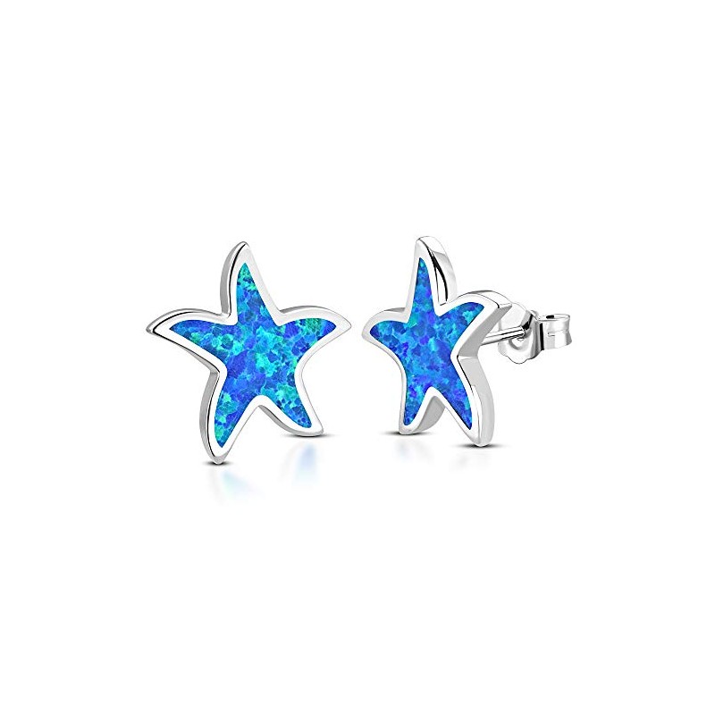 925 Sterling Silver Blue Turquoise-Tone Simulated Opal Starfish Stud Earrings