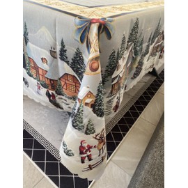 Christmas Tablecloth - Patterned - Rectangle Red Table Cloth for Kitchen & Party - Perfect for Christmas Dinner Decorations, Outdoor & Indoor Events - Holiday Gatherings (house and deer)