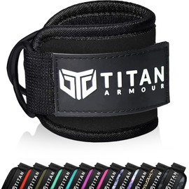 Titan Armour® Single Ankle Straps for Cable Machines | Gym Cuffs w/Heavy-Duty Steel Double D-Rings & Adjustable Strap | Lower Body Workouts Inc. Leg Curl & Glute Kickback (Black)