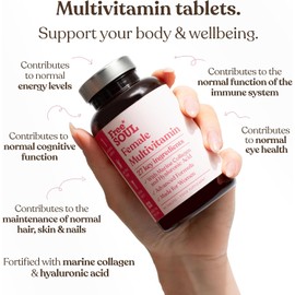 Women's Multivitamins & Minerals with Marine Collagen & Hyaluronic Acid | 27 Essential Vitamins, Minerals, & Botanicals | Gluten-Free & No Synthetic Fillers or Binders | 60 Tablets | Free Soul