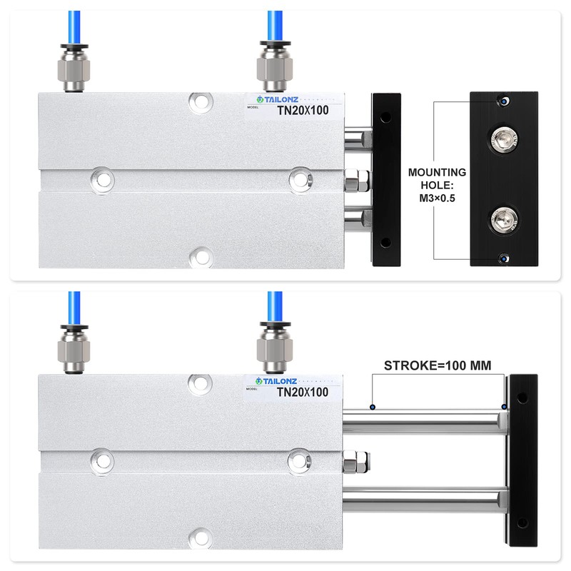 TAILONZ PNEUMATIC 20mm Bore 100mm Stroke Double-Rod Double-Acting Aluminum Pneumatic