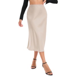 Timuspo Midi Skirt Satin Skirt Women's Elegant Long High Waist Plain Midi Skirt A-line Summer Skirt with Concealed Elastic Band and Zip, Light Khaki
