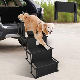 KOCASO Dog Ramp for Car，Portable Foldable 4-Step Dog Stairs for Large Dogs - Adjustable Non-Slip Pet Steps for Trucks, SUVs & Beds，176LBS Load Oxford Fabric with Safety Straps