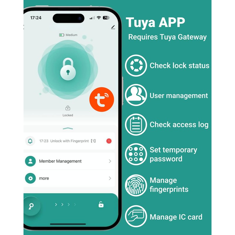 Smart Door Lock, Fingerprint Password IC Card Key Tuya APP,