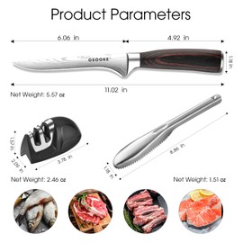 OSOOKE 6 inch boning knife for meat cutting, high carbon steel Fillet knife for meat, with fish descale tool and knofe sharpener, with Exquisite Box Ideal for Gift