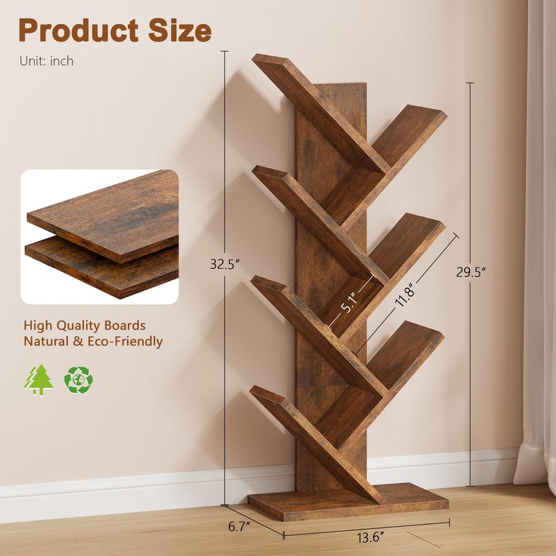 Hoctieon 7 Tier Tree Bookshelf, 7 Shelf Bookcase, Free Standing