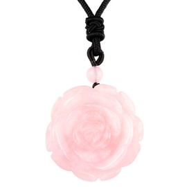 Nupuyai Rose Quartz Carved Stone Crystal Flower Pendant Necklace for Women, Energy Healing Pendant with Adjustable Cord 68cm
