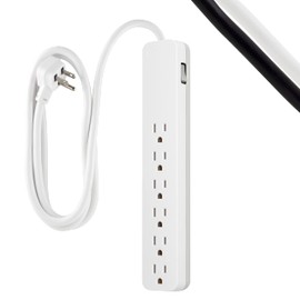 GE 6-Outlet Surge Protector, 6 Ft Extension Cord, Power Strip, 840 Joules, Flat Plug, UL Listed, White, 62693
