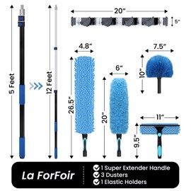 20ft Heavy-Duty Telescoping Ceiling Duster with 5-12ft Pole - Fan Blade Cleaner, Cobweb Remover & Blue Window Squeegee Kit, Washable Dust Brush for High Roof and Glass Surfaces
