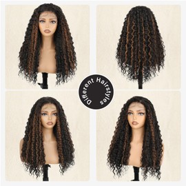 Curly Brown Highlight Wig 13x4 Synthetic Lace Front Wig 24 Inch Curly Wavy Black Mixed Brown Highlight Wigs for Women Daily Party Use