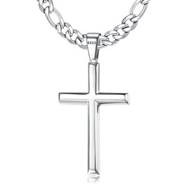 Roheafer 925 Sterling Silver Cross Pendant Necklace for Men Women with 5 mm Stainless Steel Diamond Cut Figaro Chain/Cuban Chain 18K White Gold Plated Cross Necklace 46-76 cm, Stainless Steel, No