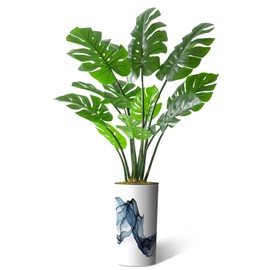 Artificial Tree in Flowing Blue Smoke Abstract Shapes Planter, Fake Monstera Silk Tree for Indoor and Outdoor Home Decoration - 65" Overall Tall (Plant Pot Plus Tree)