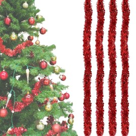 Pack of 4 Christmas Tree Tinsel, Shiny Garland, Christmas Tinsel Shiny, Metallic Shiny Garland, Hanging Decorations, for Christmas Tree Decorations, Christmas Party, 2 m Each, Red