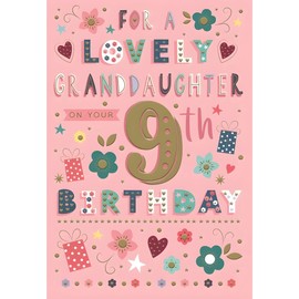 Granddaughter 9th Birthday Card - Age 9 - Flowers and Stars - Special Finishes - Made in the UK