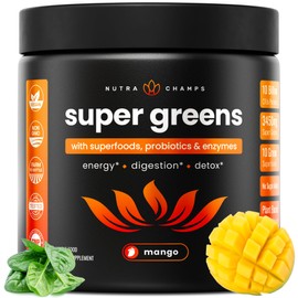 NutraChamps NutraChamps Super Greens Powder Premium Superfood | 20+ Organic Green Veggie Whole Foods | Wheat Grass, Spirulina, Chlorella | Antioxidant, Digestive Enzyme & Probiotic Blends (9.0 OZ, Mango)