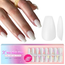 Soft Gel Nail Tips Medium Coffin Gel X Nails, 300Pcs Pre-applied Tip Primer Gel X Nail Tips, Natural White Colored Gel Tips Acrylic Fake Nails Extensions Milky White False Nails Press ons for Easy DIY