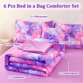 ASKOTU Purple Galaxy Twin Bedding Sets for Girls Kids, Constellation Tie Dye 6 Pcs Bed in a Bag Twin Comforter Set with Sheet