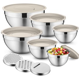 P&P CHEF Mixing Bowls with Lids Set of 6, Stainless Steel Nesting Salad Bowl & 3 Grater Attachments for Prepping Storing, 4.6/2.6/2/1.5/1/0.7 QT, Khaki