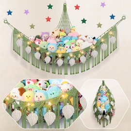 82.7x59x59 Inch Jumbo Stuffed Animal Storage Hammock Corner, Green Macrame Cream Leaf Hanging Stuffed Animal Net Organizer for Stuffy Plushie, Boho Handcrafted Plushies Storage Holder w/LED Light