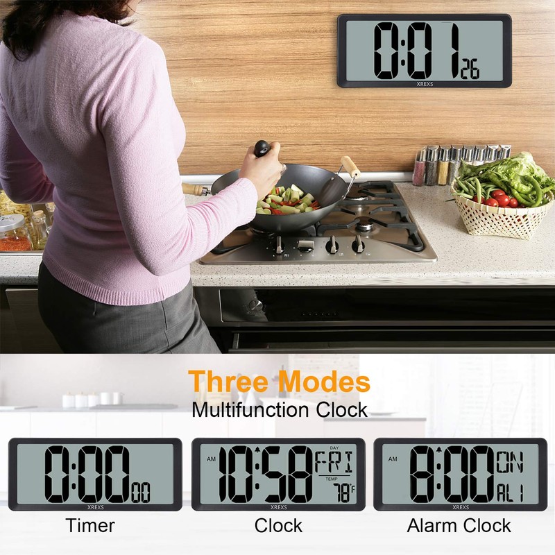 XREXS Large Digital Wall Clock, Battery Operated Alarm Clocks for