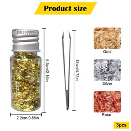 3 Bottles Gold Leaf Flakes – Gold, Silver, and Rose Gold Foil Flakes with Tweezer for Resin Art, Crafting, Nail Painting, and Jewelry Making