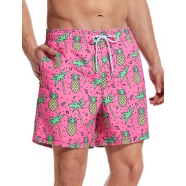 MOANOK Swimming Trunks for Men 6 Inch Swim Trunks with Liner Beach Shorts Swimsuits,Pineapple Palm Tree Pink,Large