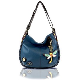 Chala Handbags, Casual Style, Soft, Large Shoulder or Crossbody Purse with Keyfob - Navy Blue (Dragonfly Keyfob)