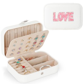 Bling Love Rhinestone Jewelry Box Gifts for Girls Women,Stylish Glittery Cute PU Leather Small Travel Jewelry Case for Stud Earrings, Rings, Necklaces, Bracelet Organizer Storage-Small Size (White)