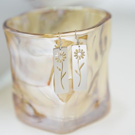 Trendy Boho Earrings, Silver Stainless Steel Bohemian Daisy Flower Earrings, Dangle Antique Retro 60s 70s Scandinavian Floral Jewelry for Women