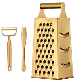 TEAHAHA 4 Sides Box Grater For Kitchen,Stainless Steel Cheese Grater With Handle,Multi-Function Vegetable Slicer Food Shredder For Chees,Ginger,Vegetables,Dishwasher Safe, Gold