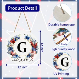 Patriotic Decorations Monogram Letter G 4th of July Wreaths for Front Door Wreath Wooden Welcome Sign for Front Door Decor Last Name Initial Fourth of July Memorial Day Porch Wall Home Kitchen Decor