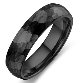 Adreamz 6mm 8mm Mens Black Silver Hammered Tungsten Wedding Rings For Men Domed Matte Brushed Hammered Wedding Band Comfort Fit, 6, Tungsten Carbide, No Gemstone
