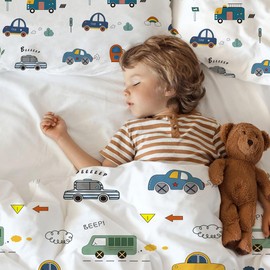 MUSOLEI Autos02 Children's Bed Linen 135 x 200 cm Boys Cars Bed Linen Children's Vehicle 3D Print Microfibre Duvet Cover 135 x 200 cm and 1 Pillowcase 80 x 80 cm Bedding Set for Single Bed
