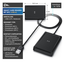 CSL - ID Card Reader with NFC - Chip Card Reader SIM - Dual Mode (NFC and Card Slot) - Card Reader USB - Windows 10-11 - for the New ID Card Health Card Bank Cards