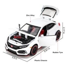 1:32 Scale Civic Type R Model Car，Toy Vehicle with Sound & Light, Pull Back Function & Openable Doors - Premium Diecast Collectible with Realistic Details White