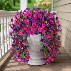 Kalevia Artificial Flowers for Outdoor Decor UV and Fade Resistant Morning Glory 4Pcs Deep Purple and Rose Fake Hanging Flowers Porch Balcony Planter Home Decor