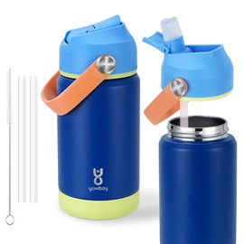 Kids Insulated Water Bottle with Straw Lid & Silicone Handle,12oz Kids Leak Proof Water Bottle for School Boys Girls,Double Wall Vacuum Stainless Steel with Non-slip Silicone Base(Dark Blue)