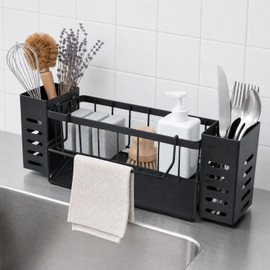 Stainless Steel Sink Organiser with Removable Dish Cloth Holder | Kitchen Organiser Sink with Drain Pan & Cylinders for Washing Utensils Storage, Sink Organiser for Kitchen & Bathroom, Black
