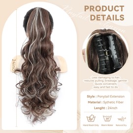 24" Ponytail Extension, Long Curly Wavy Claw Clip and Natural-Looking Synthetic Hairpiece, Voluminous Hair Extensions for Women Daily Wear. (Chestnut Brown With beige blonde Highlights, 24Inch)