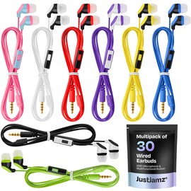 JustJamz 30× Multipack Wired Earbuds with Microphone | for Schools, Libraries, Museums, etc. | 8 Assorted Colors of Headphones with Microphone | Affordable 3.5 mm Headphones for Kids & Adults