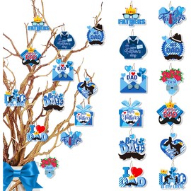 Tags,12Pcs Fathers Day Decorations Hanging Ornaments for Tree, Happy Fathers Day Blue Supper Best Dad Ornament with Hanging Cords Ceiling Decoration Father's Day Crafts Gifts Wrapping