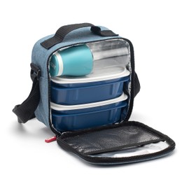 TATAY Small Cool Bag 3L Capacity with 2 Airtight Food Storage Containers (2 x 0.5L) and a Reusable Airtight 400ml Water Bottle, Denim Blue. Dimensions: 22.5 x 10 x 22 cm