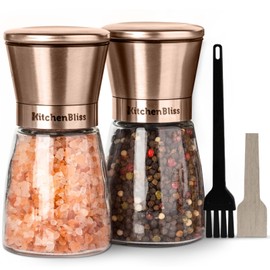 Kitchen Bliss Premium Copper Stainless Steel Salt and Pepper Grinder Set - Short Glass Shakers - Adjustable Coarseness Mills - Refillable with Himalayan Salt, Black Peppercorn - Set of 2