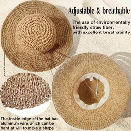 Bkrdty Straw Hat Foldable Straw Summer Hat Women's Sun Hat Breathable Summer Hat Beach Headwear for Hiking Camping Travel, khaki, 56