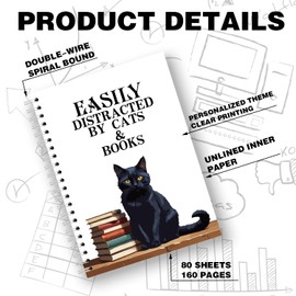Lhbfsaz Easily Distracted By Cats &Books,Funny Blank Spiral Notebook,Cat Diary For Cat Owners, Office Gifts For Cat Lovers, Interesting Cat-Themed Work Logbook For Colleagues And Friends