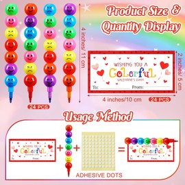 Noveread 24 Valentines Cards and Stacking Crayons 24 Pcs 7 Colors Cartoon Face Buildable Crayons 24 Pcs Valentines Greeting Cards for Prizes Goodie Bag Fillers Party Supplies