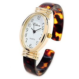 Tortoise Gold Acrylic Band Oval Face Women's Bangle Cuff Watch