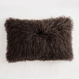 Genuine Mongolian Lamb Fur Pillow Cover – 12"x20" Rectangular Cushion Case – Soft Curly Wool Decorative Accent for Sofa, Bed, or Chair (Chocolate Brown)