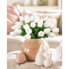 MACTING 30PCS Artificial Tulip Flowers - 13.7" Real Touch Fake PU Tulips Bouquet Faux Spring Flowers for Floral Arrangements Table Centerpiece Kitchen Home Mothers Day Easter Decorations (White)
